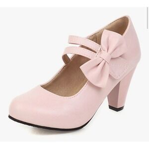 Women's Bow Block Heel Mary Jane Shoes Ankle Strap Pumps Size 38 7.5-8